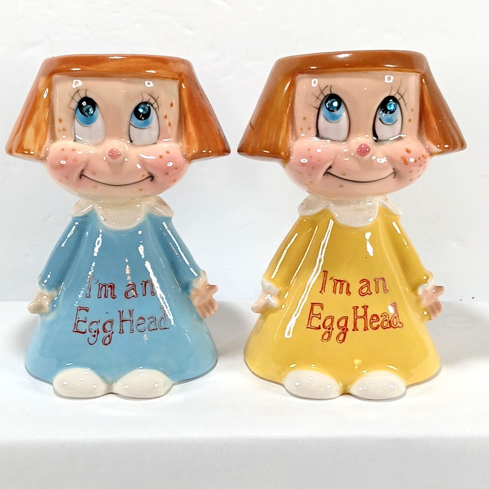 2 Kreiss Blue & Yellow Dress Girls I'M AN  EGGHEAD Egg Cup Japan Rhinestone Eyes